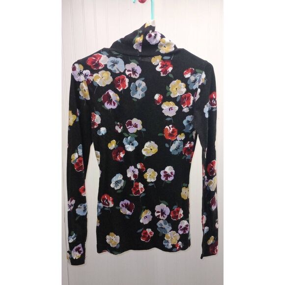 Ann Taylor black with pansies turtleneck long sleeve shirt size XS - Picture 2 of 5